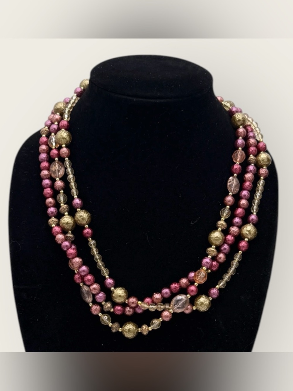 Vintage Pink and Gold Multi-Strand Textured Beaded Necklace